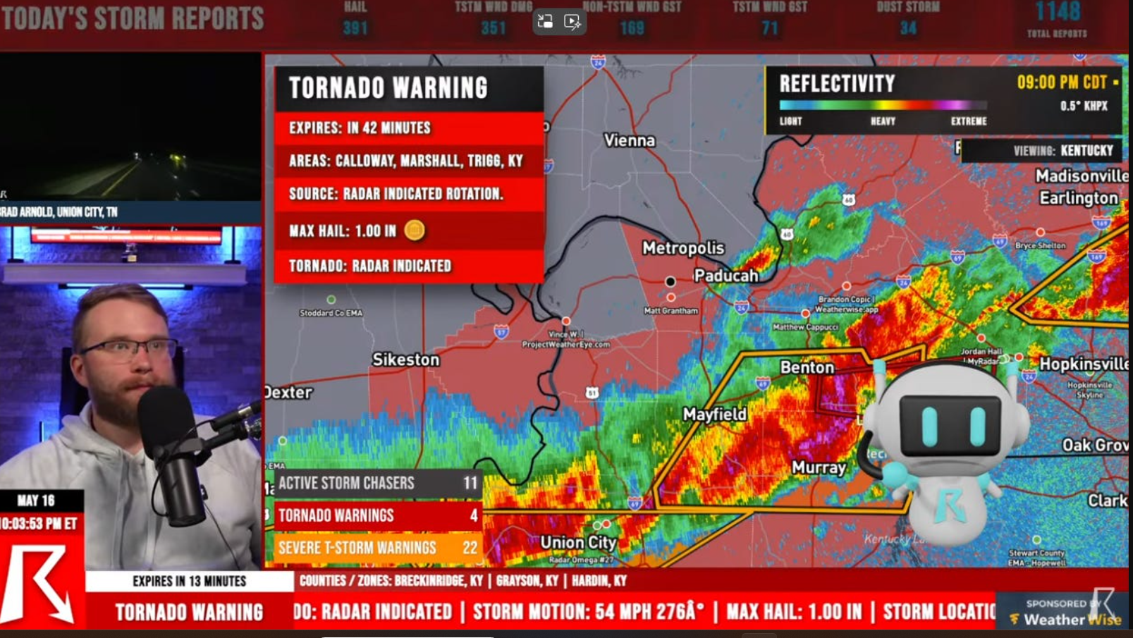 Ryan Hall observing Doppler radar during tornado warning
